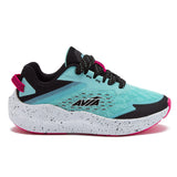 Avia kids running shoe in blue, black, and pink with speckled trim