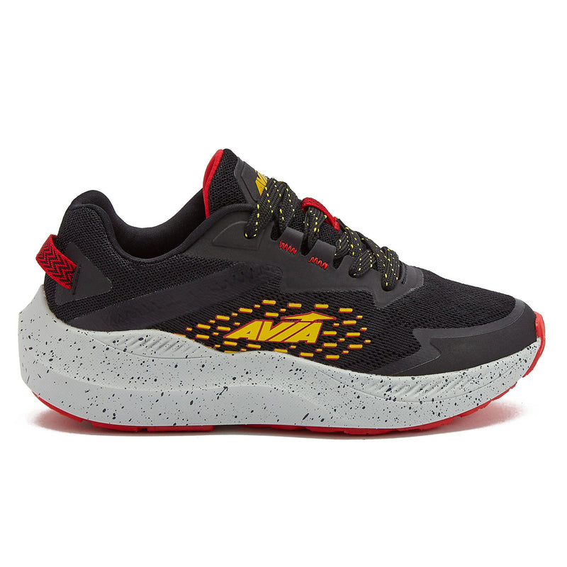 Avia boys black and grey running shoes with bright red and yellow accents