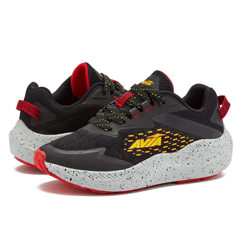 Incredible new Avia boys gym shoes in black and grey with bright yellow and red details