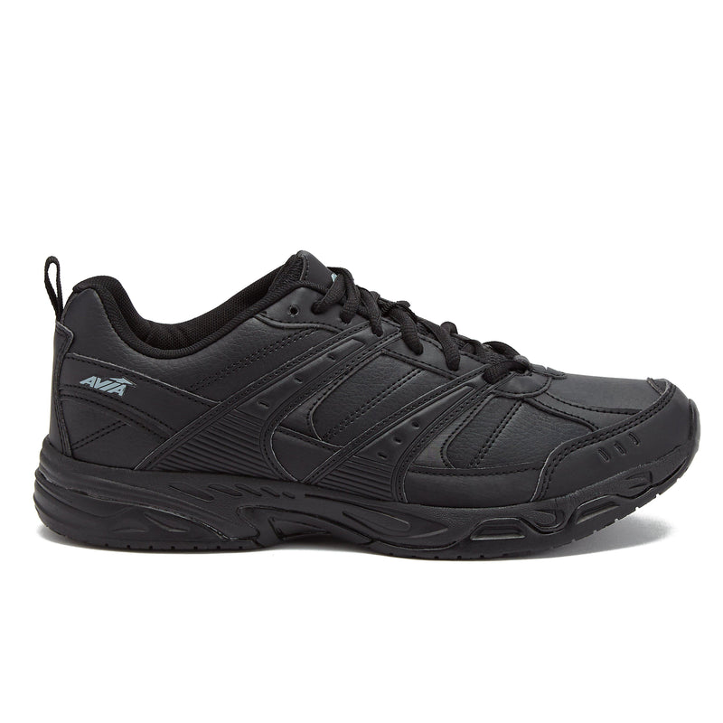 Men's Avia non-slip black on black lace up sneakers with thick rubber sole and slip resistant tread
